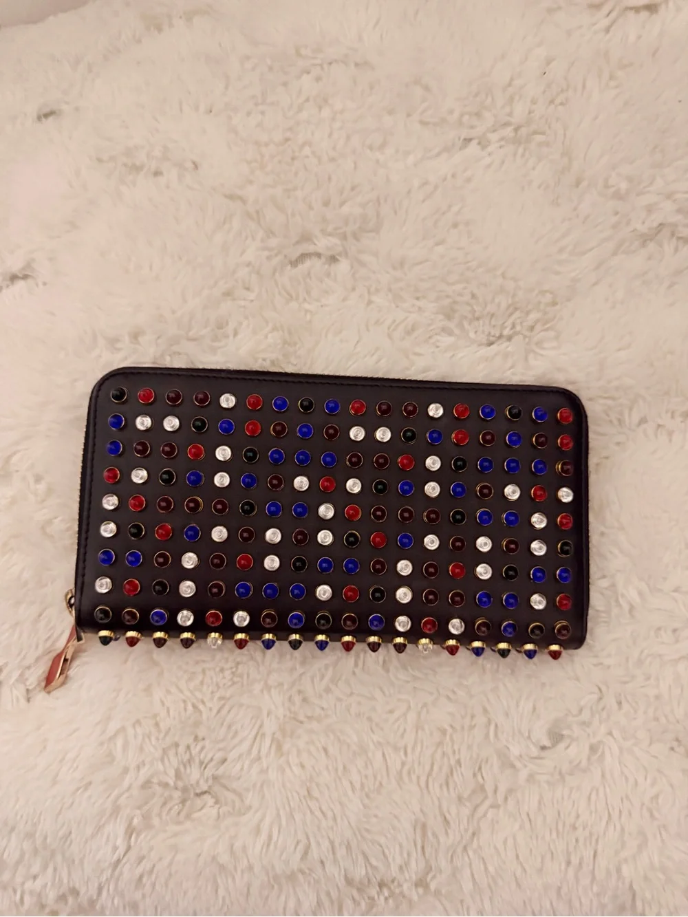 Christian Louboutin Black Zip-Around Wallet with Red, Blue & White Studs